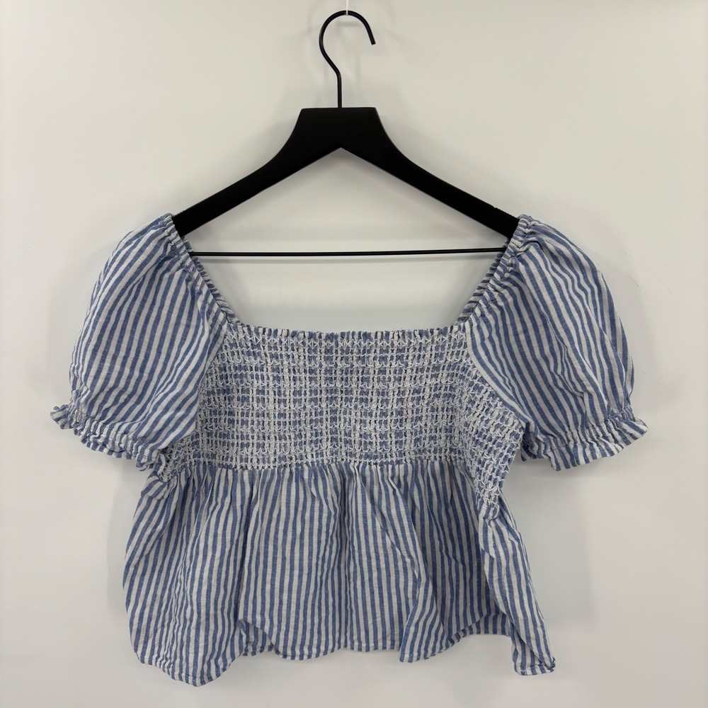 American Eagle Smocked Peplum Top Womens Medium Blue White Striped Puff Sleeve